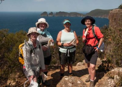 Hiking in Tasmania 2019 event with Tasmanian Iconic Walks happy participants enjoying the view